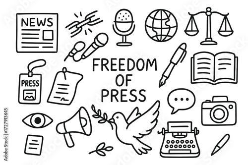 Freedom of Press Icons. Hand-drawn doodle illustration Freedom of press newspaper, broken chain, microphone, globe, pen, typewriter, megaphone, scales of