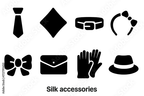 Silk Accessories Icons. Solid, filled icon set of silk accessories: silk tie, silk handkerchief, silk belt, silk hairband, silk bow, silk purse, silk gloves,