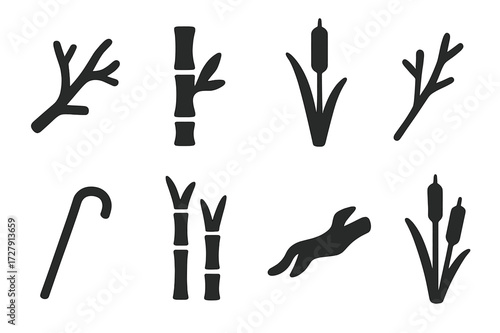 Nature Stick Icons. Solid, filled icon set of stick nature elements: tree branch, bamboo stick, reed, twig, cane, sugarcane, driftwood, cattail. Line icons in