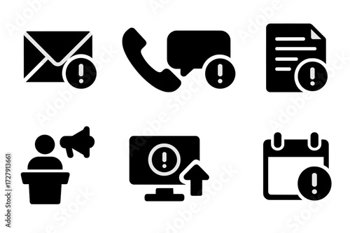 Liquidation Notification Icons. Solid, filled icon set of liquidation notifications: email alert, phone call, SMS message, official letter, public