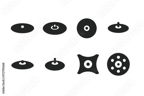 Crash Cymbal Icons. Solid, filled icon set of crash cymbal types: thin crash, medium crash, heavy crash, fast crash, slow crash, splash crash, china crash,