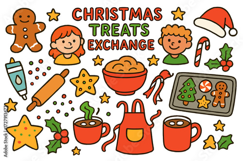 Festive Cookie Fun. Christmas treats exchange. Colorful Hand-drawn doodle Children illustration Gingerbread cookie, sugar cookie, icing tube, sprinkles,