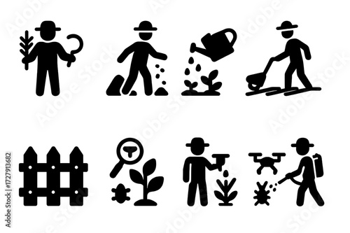 Field Activities Icons. Solid, filled icon set of field activities: harvesting, sowing, watering, plowing, fencing, crop inspection, drone flying, pest