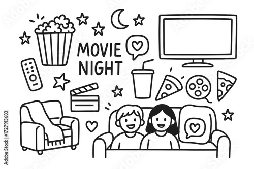 Movie Night Doodles. Hand-drawn doodle illustration Movie night at home [popcorn bucket, soda cup, remote control, TV screen, couch, blanket, pillow, stars,