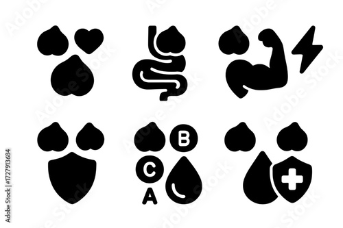 Chickpea Health Benefits Icons. Solid, filled icon set of chickpea health benefits: heart symbol, digestive system, muscle, energy bolt, shield, vitamins,