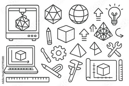 3D Printing Doodle. Hand-drawn doodle illustration Complex geometry printing 3D printer, polygon, sphere, cube, gear, pyramid, lattice object, arrow layers,