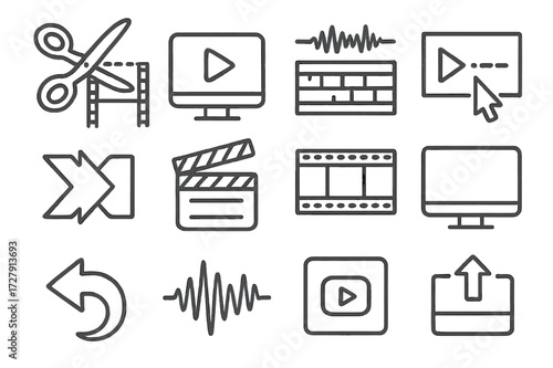Film Editing Doodles. Hand-drawn doodle illustration Film Editing scissors, film strip, cutting line, computer screen, play button, audio track, timeline,