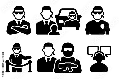 Bodyguard Role Icons. Solid, filled icon set of bodyguard roles: personal bodyguard, close protection officer, driver, security detail, event security, VIP