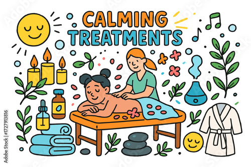Relaxing Spa Icons. Calming treatments. Colorful Hand-drawn doodle Children illustration Massage table, therapist, client, candles, essential oils, towel,