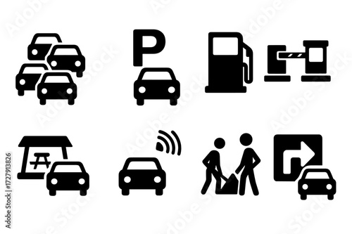 Driver Scenario Icons. Solid, filled icon set of driver scenarios: traffic jam, parking, fuel stop, toll booth, rest area, speed check, road construction,