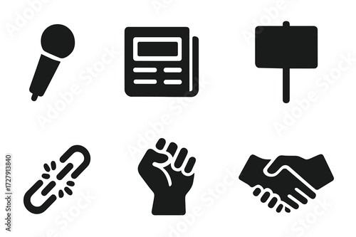 Press Freedom Icons. Solid, filled icon set of press freedom: open microphone, newspaper, camera, protest sign, broken chains, spotlight, raised
