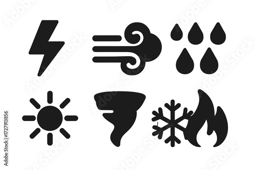 Dynamic Weather Icons. Solid, filled icon set of dynamic weather: lightning bolt, gust of wind, swirling cloud, rain drops, sun rays, tornado, snowflake, fire