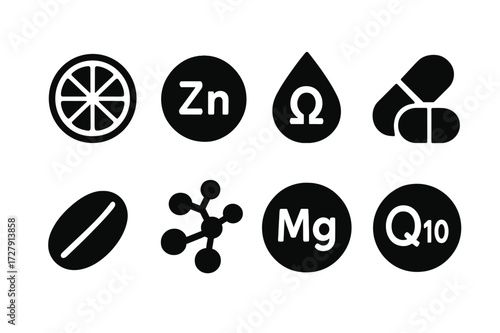 Vitamin E Nutrient Icons. Solid, filled icon set of vitamin E related nutrients: vitamin C, zinc, omega-, biotin, collagen, magnesium, selenium, coenzyme Q10.