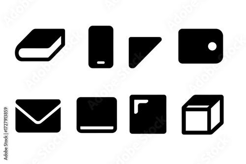 Object Corner Icons. Solid, filled icon set of object corners: book edge, smartphone corner, laptop corner, wallet corner, envelope corner, card corner, photo