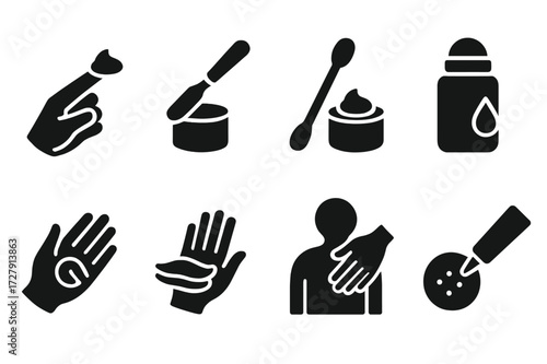 Salve Application Icons. Solid, filled icon set of salve application: finger applying, spatula, cotton swab, roll-on, gentle rub, smooth spread, massage, spot
