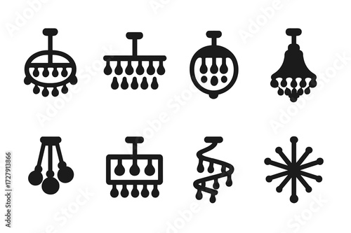Chandelier Icon Grid. Solid, filled icon set of chandelier shapes: round chandelier, rectangular chandelier, oval chandelier, teardrop chandelier, cluster