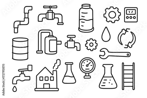 Industrial Pipe Doodle. Hand-drawn doodle illustration industrial pipes and tanks pipe, valve, tank, droplet, barrel, pump, gear, control panel, factory