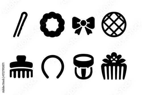 Bun Accessories Icons. Solid, filled icon set of bun accessories: hairpin, scrunchie, hairnet, ribbon, hair clip, headband, bun cuff, decorative comb. Solid,