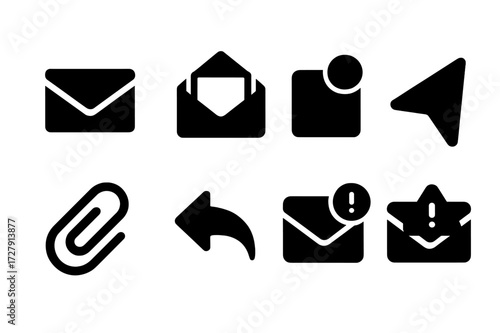 Email Icon Set. Solid, filled icon set of email notice: envelope, open mail, unread message, send icon, attachment, reply arrow, notification badge, mail