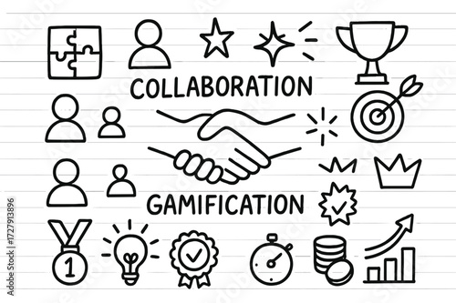Gamified Collaboration Icons. Hand-drawn doodle illustration Collaboration with gamification handshake, puzzle pieces, people icons, star, spark, trophy,
