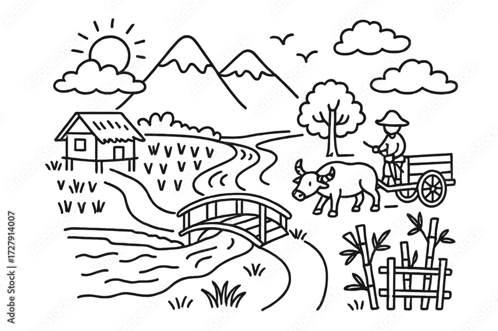 Fototapeta premium Cartoon Rural Landscape. Hand-drawn doodle illustration Rural Landscape [rice field, mountain, sun, hut, buffalo, tree, birds, river, bridge, farmer, cart,