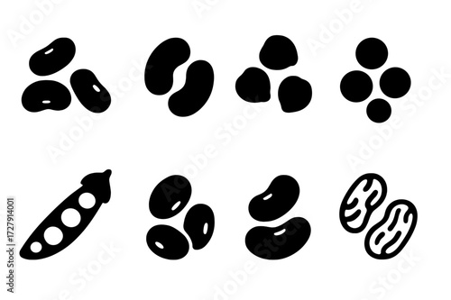 Legumes Icon Set. Solid, filled icon set of legumes: black beans, kidney beans, chickpeas, lentils, green peas, soybeans, navy beans, pinto beans. [Line icons