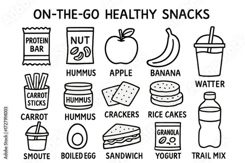 Healthy Snack Doodles. Hand-drawn doodle illustration On-the-go healthy snacks protein bar, nut pack, apple, banana, carrot sticks, hummus jar, crackers, rice