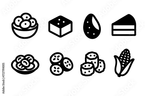 Starchy Side Dish Icons. Solid, filled icon set of starchy side dishes: potato salad, corn bread, baked yam, polenta, gnocchi, fried plantains, tater tots,