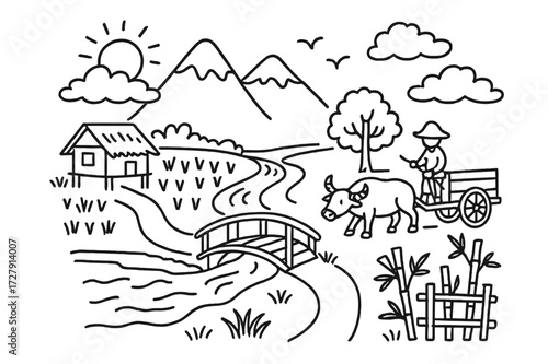 Cartoon Rural Landscape. Hand-drawn doodle illustration Rural Landscape [rice field, mountain, sun, hut, buffalo, tree, birds, river, bridge, farmer, cart,