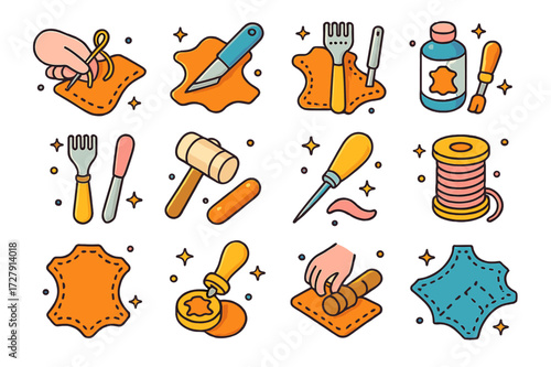 Leather Craft Icons. Leather crafting. Colorful isometric vector icons set of Leather crafting: sewing leather, cutting leather, punching holes, leather dye,