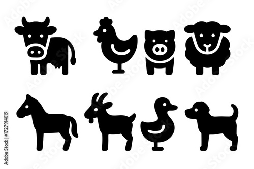 Farm Animal Icons. Solid, filled icon set of farmer animals: cow, chicken, pig, sheep, horse, goat, duck, dog. [Line icons in only black color. All icons