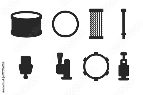 Snare Drum Icons. Solid, filled icon set of snare drum parts: drum shell, drumhead, snare wires, tension rods, lugs, throw-off mechanism, hoop rim, snare