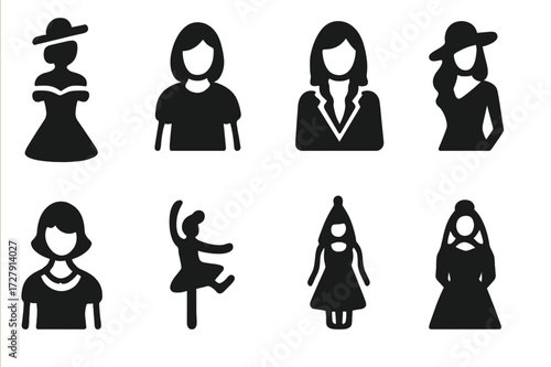 Elegant Lady Icons. Solid, filled icon set of lady styles: elegant lady, casual lady, businesswoman, fashionista, vintage lady, ballerina, party lady, bride.