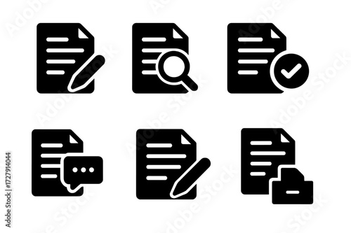 Contract Actions Icons. Solid, filled icon set of contract actions: sign, review, approve, reject, negotiate, draft, submit, archive. [Line icons in only black