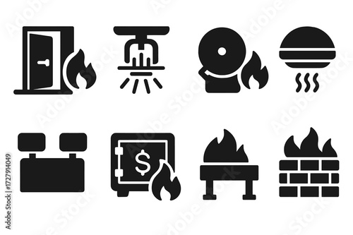 Fire Safety Icons. Solid, filled icon set of fire protection systems: fire door, sprinkler head, fire alarm bell, smoke detector, emergency light, fireproof