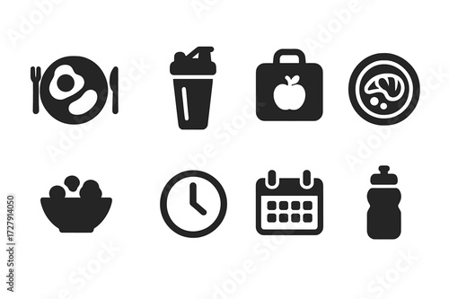 Protein Timing Icons. Solid, filled icon set of protein intake timing: breakfast plate, post-workout shake, lunch box, dinner plate, snack bowl, clock,