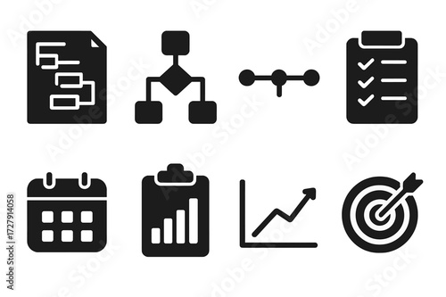 Project Plan Icons. Solid, filled icon set of project plans: gantt chart, flowchart, timeline, checklist, calendar, clipboard, graph, target. [Line icons in