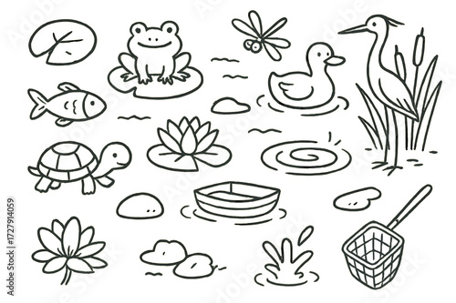 Pond Life Doodles. Hand-drawn doodle illustration [Quiet pond scene] [lily pad, fish, frog, duck, turtle, dragonfly, cattail, reeds, heron, lotus flower,