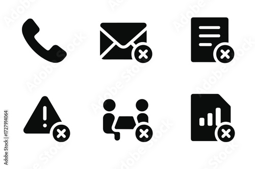 Communication Loss Icons. Solid, filled icon set of loss communication: phone call, email, letter, notification, warning, alert, meeting, report. [Solid,