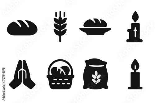 Bread Rituals Icons. Solid, filled icon set of bread offering rituals: loaf of bread, wheat sheaf, offering plate, altar, candle, prayer hands, basket of