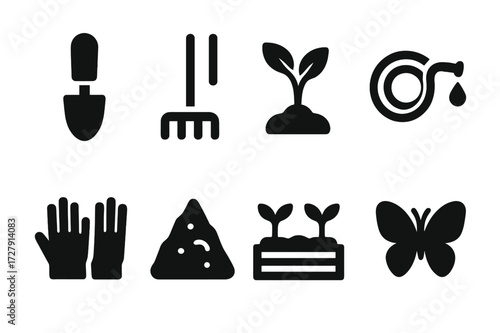 Organic Gardening Icons. Solid, filled icon set of organic gardening: garden trowel, rake, seedling, watering hose, gloves, compost heap, garden bed,