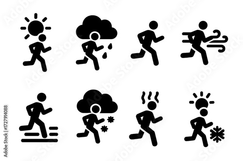 Jogging Weather Icons. Solid, filled icon set of jogging weather: sunny, cloudy, rain, wind, fog, snow, heatwave, cold. [Line icons in only black color. All