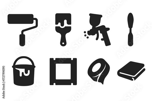 Paint Tools Icons. Solid, filled icon set of paint application tools: paint roller, paintbrush, spray gun, palette knife, paint bucket, stencil, tape, drop