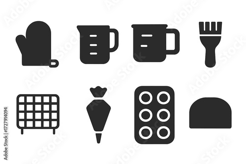 Baking Essentials Icons. Solid, filled icon set of baking essentials: oven mitt, measuring cup, flour sifter, pastry brush, cooling rack, piping bag, muffin