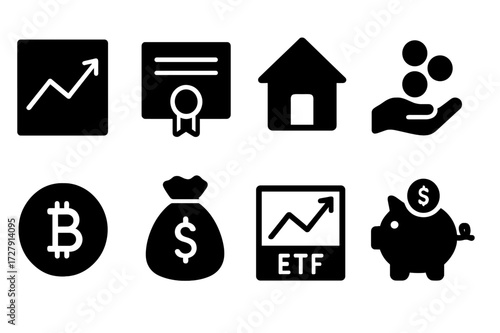 Investment Icon Grid. Solid, filled icon set of investment types: stocks, bonds, real estate, mutual funds, cryptocurrency, commodities, ETFs, savings account.