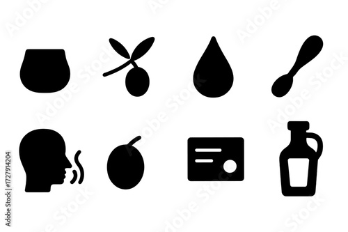 Olive Oil Icons. Solid, filled icon set of olive oil tasting: tasting cup, olive branch, oil drop, small spoon, aroma sniff, green olive, tasting card, oil