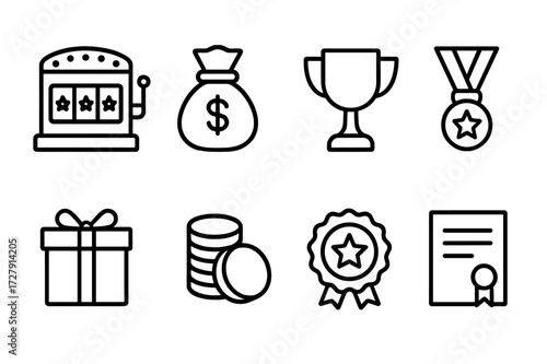 Bingo Prizes Icons. Outline icon set of bingo prizes and rewards: jackpot, cash bag, trophy cup, medal, gift box, coins stack, star badge, certificate. Line