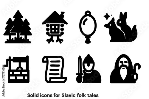 Slavic Folk Tale Icons. Solid, filled icon set of Slavic folk tales: magical forest, enchanted hut on chicken legs, magical mirror, talking animals, sacred