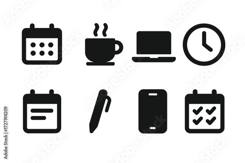 Daily Task Icons. Solid, filled icon set of daily tasks: calendar, coffee cup, laptop, clock, notes, pen, smartphone, calendar with checkmarks. [Line icons in