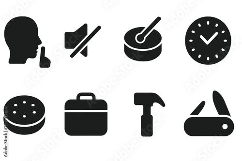 Practice Pad Icon Set. Solid, filled icon set of practice pad sound characteristics: quiet, muted, realistic rebound, consistent, tactile feedback, portable,